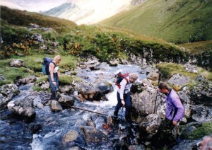 Morag, Eileen and Ben crossing the Abhainn Chonaig on the way to A' Ghlas Bheinn