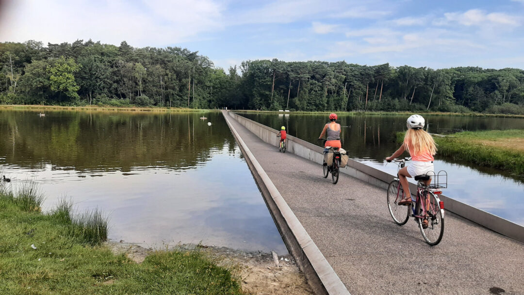 A child and two women ride in line along a straight cycle path which dips below the surface of a lake