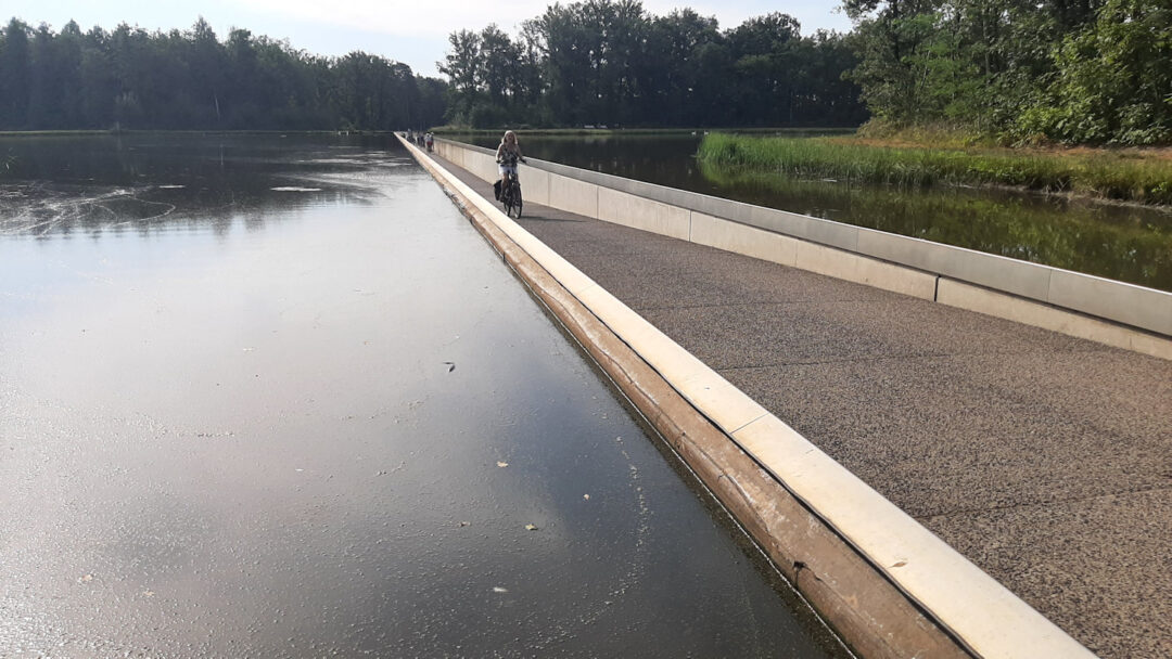 a wide angle picture of a cycle path dipping below the surface of a lake. A woman is cycling towards the camera.