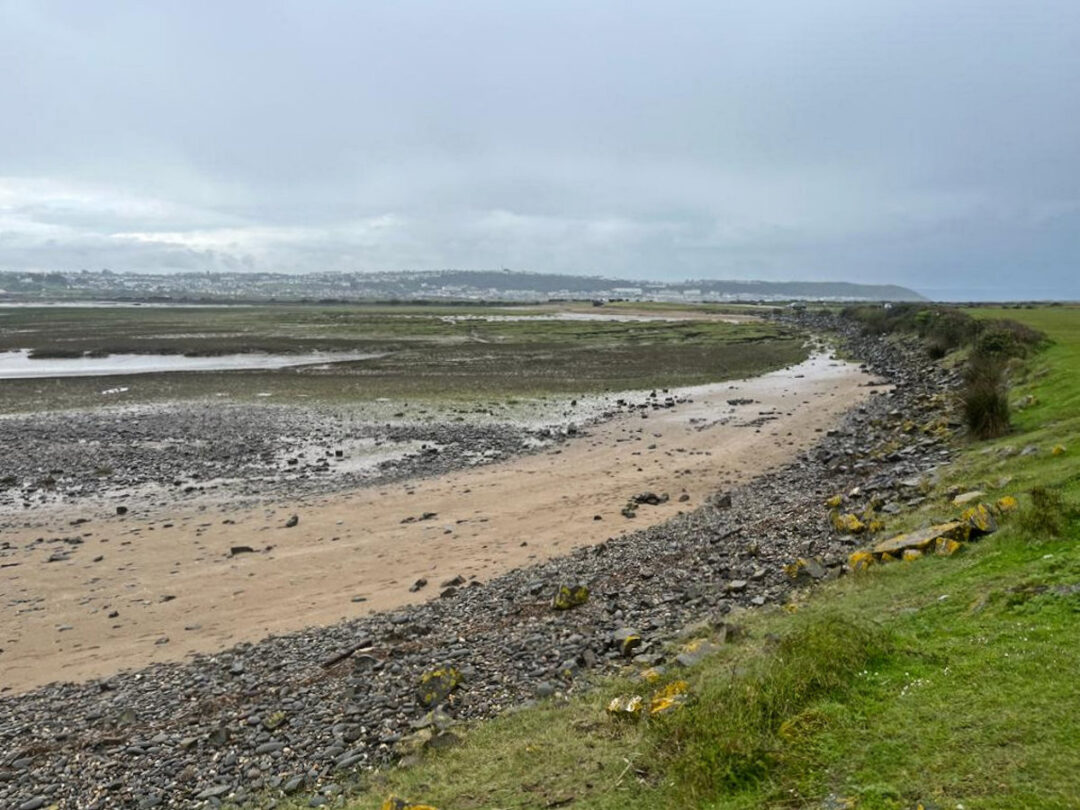 A shoreline with sand and a low band of dark boulders