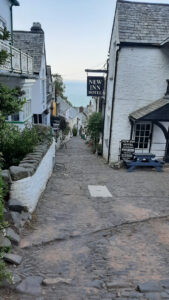 A steep narrow cobbled street with cottages either side and a sign "New Inn" in the foreground on the right.