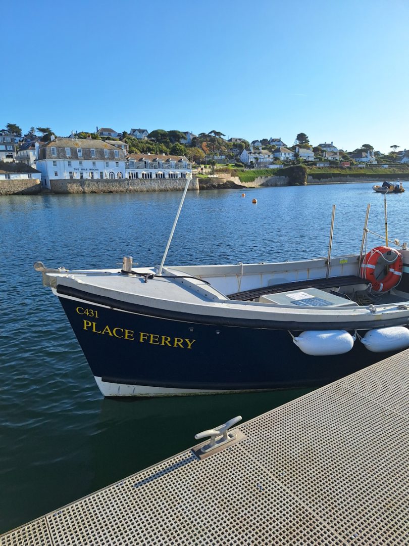 The bow of a small dark blue and white open-topped boat with "PLACE FERRY" painted in yellow. Blue water and blue sky with some low buildings on the far side.