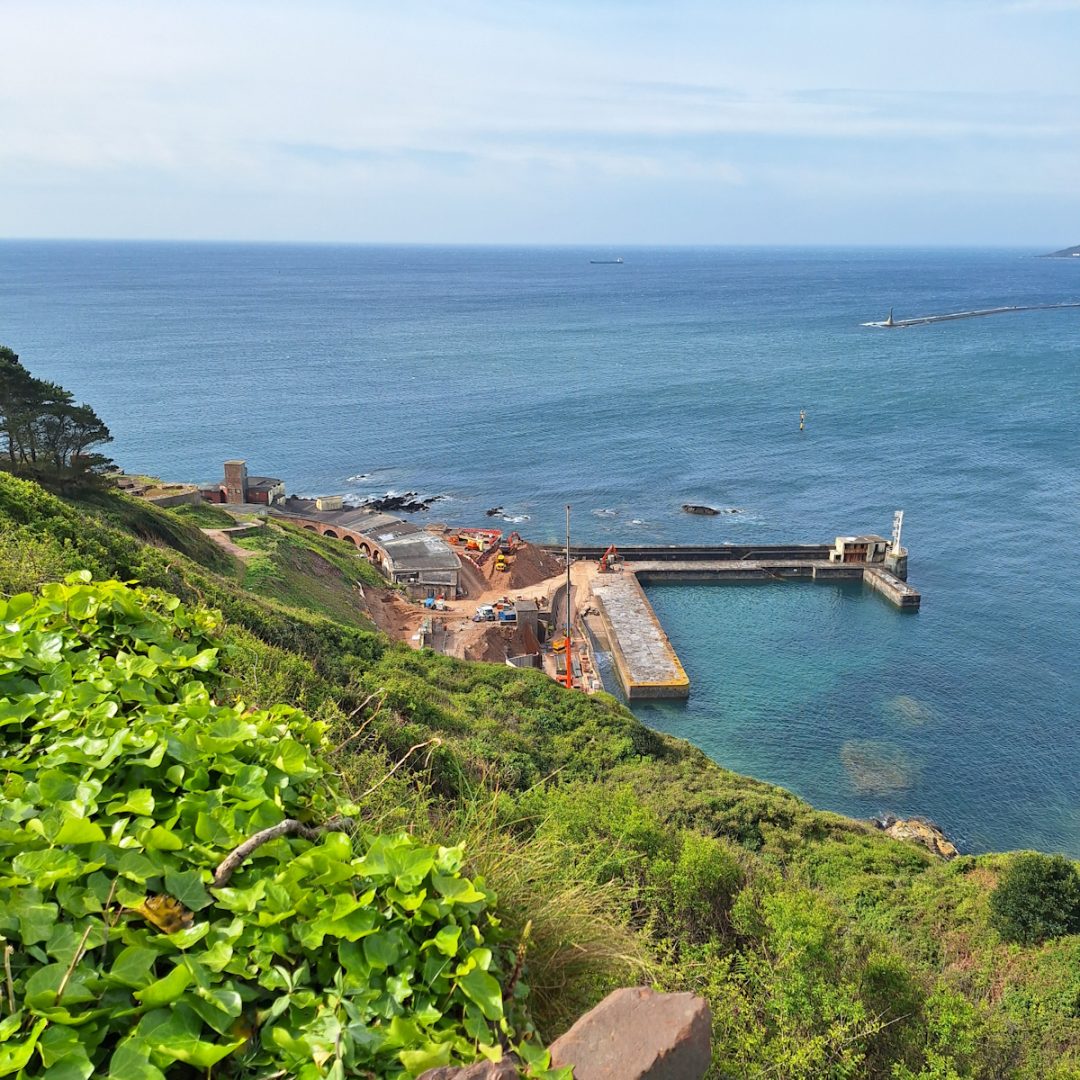 Looking over a sloping green cliff, a harbour jetty juts into a calm blue sea. There are a few other buildings and what looks like a building site between the cliff and the jetty. Pale blue sky.