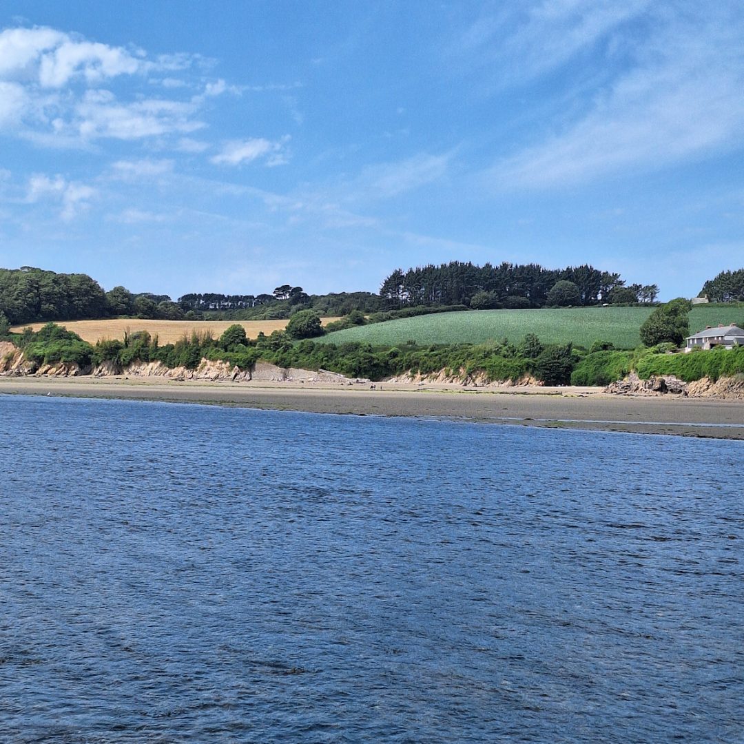 Foreground: blue water. Beyond: green fields with trees uder a blue sky.