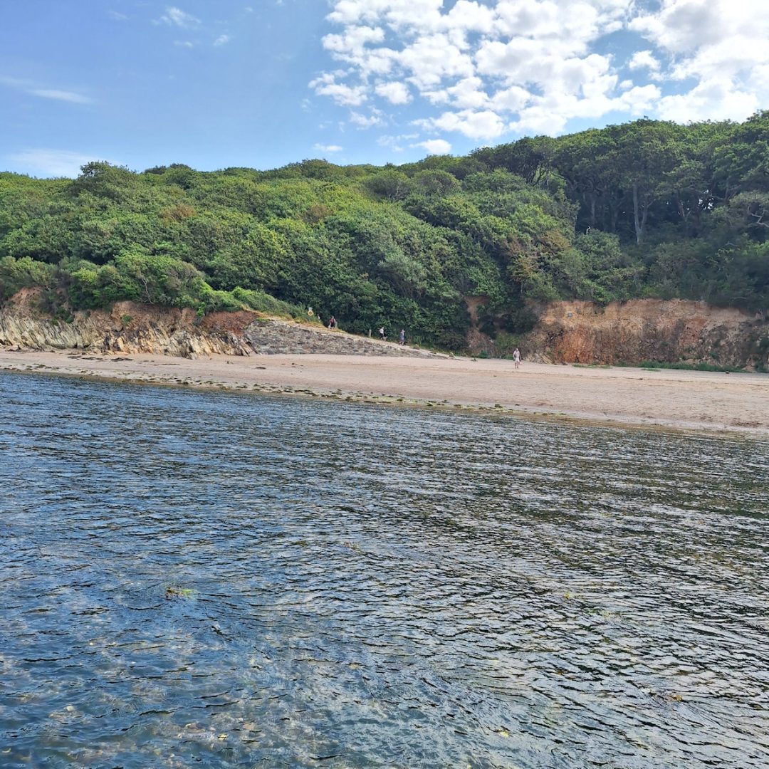 Foreground: clear water. Beyond, a strip of sand and a low, wooded hillside.